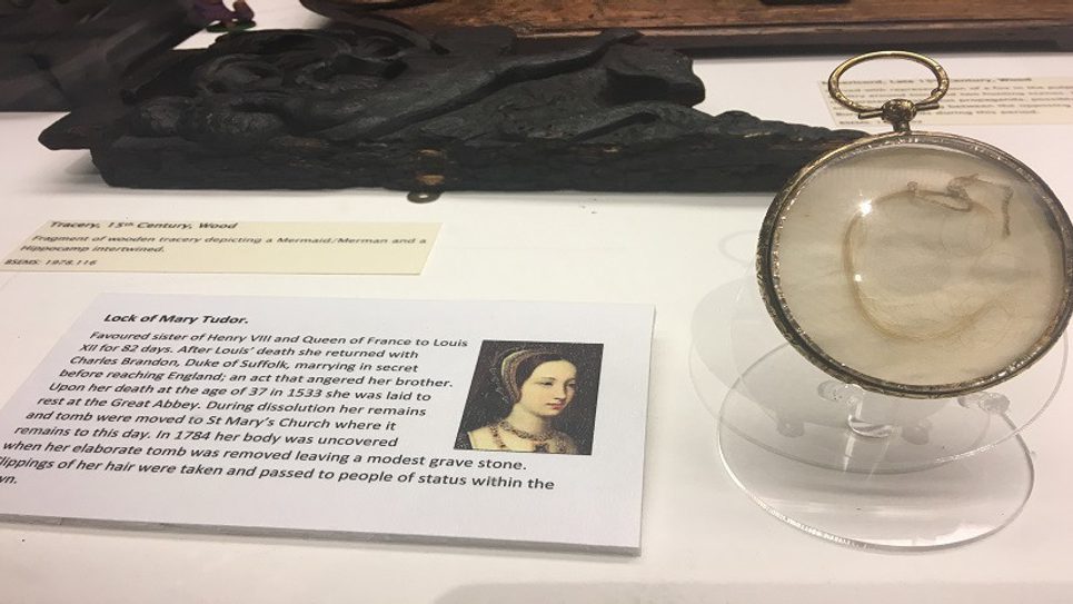 Mary Tudor Lock of Hair at Moyses Hall Museum credit Sue Warren for blog