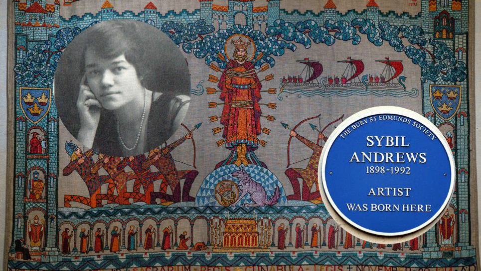 Sybil Andrews St Edmund Banner with photo and plaque 965x540